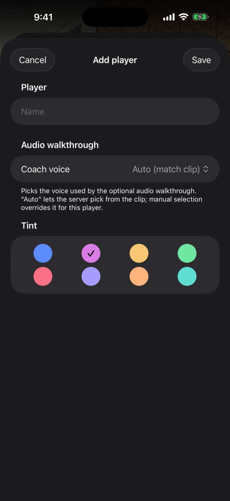 The Add player form with a name field, a coach voice picker set to Auto, and a tint color palette