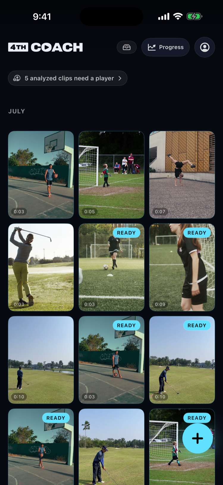 4thCoach library home: a grid of analyzed clips with the + capture button in the bottom-right corner