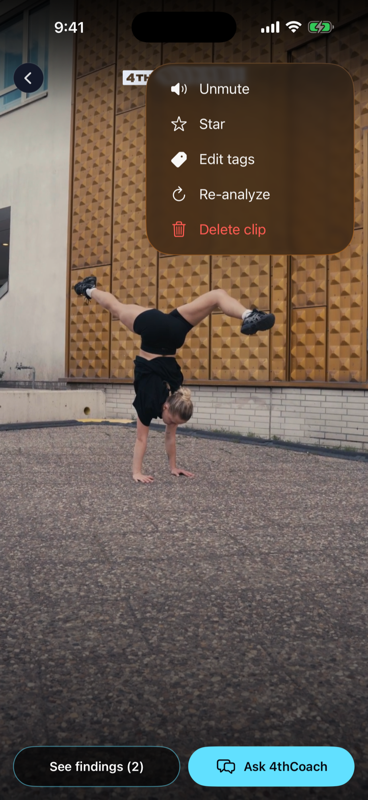 A clip's review screen with the ⋯ menu open, showing Edit tags among the options