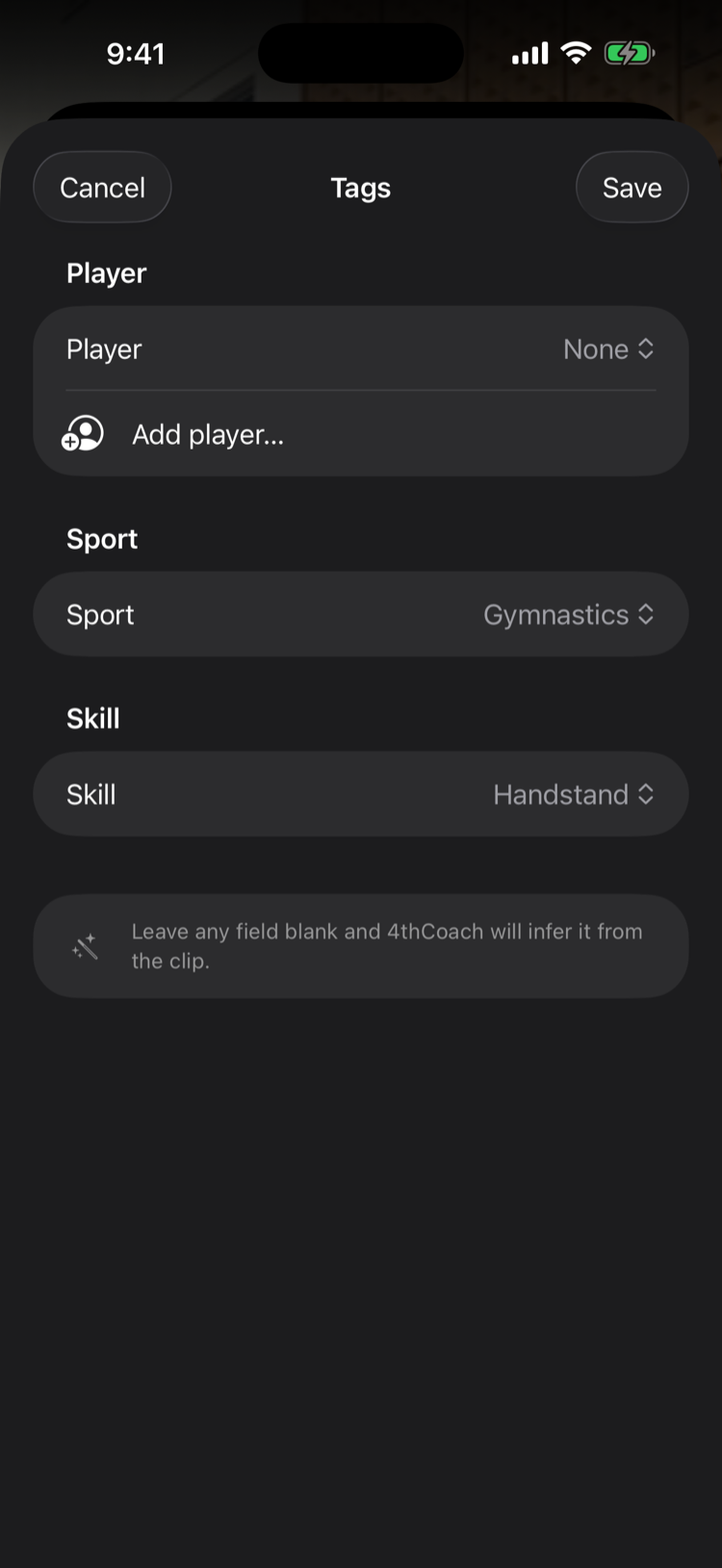 The Tags sheet with Player, Sport, and Skill fields and a Save button